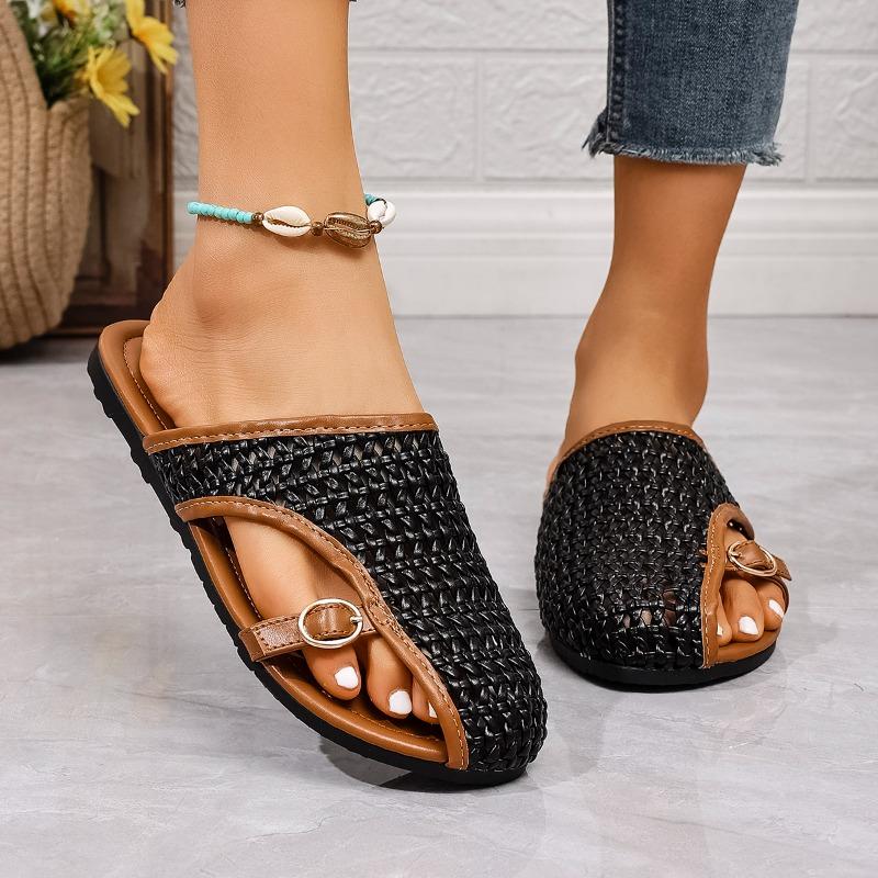 Fashion Flat Slippers Summer New Round Head Deep Mouth Metal Buckle Net Surface Soft Sole Anti-slip Wear-resistant Sandals