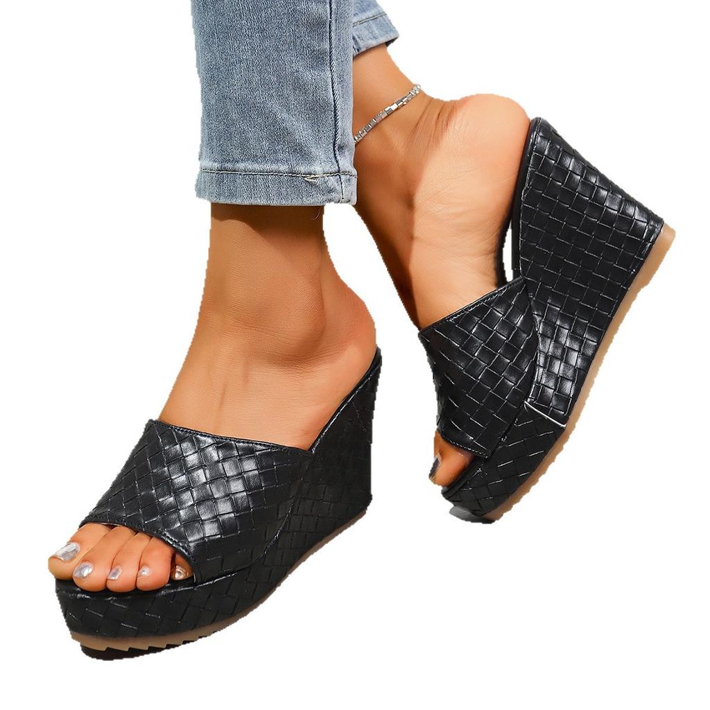 Sexy thick-soled women's cool slippers summer fish mouth wedge slippers woven pattern waterproof table square head outer wear slippers