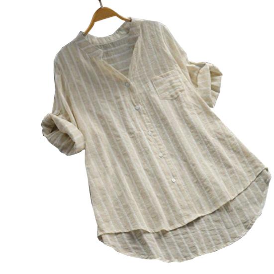 Fashion Women Vertical Stripe V Neck 3/4 Sleeve Button Loose Casual Shirt Blouse