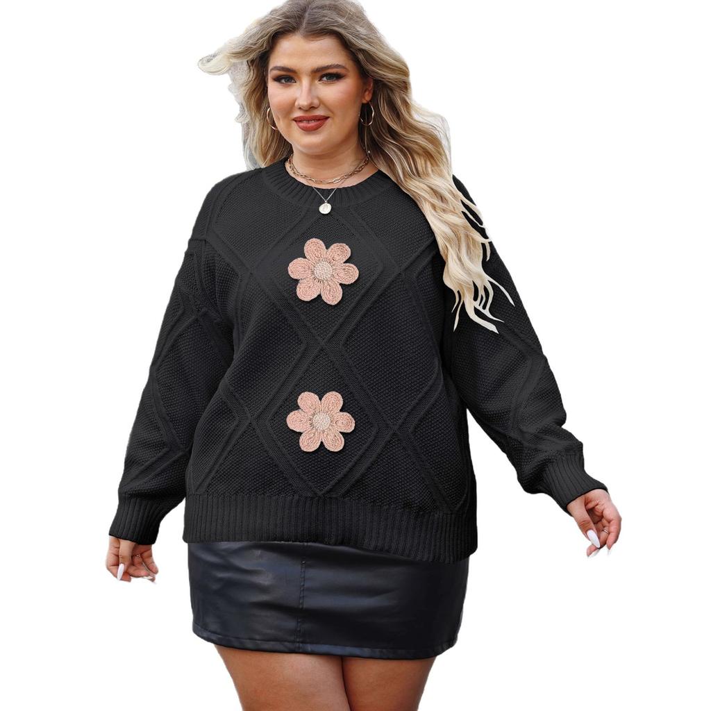 Plus-size Women's Loose and Casual Pullover Sweater with Diamond-patterned Jacquard Yarn, Embroidery and Beading