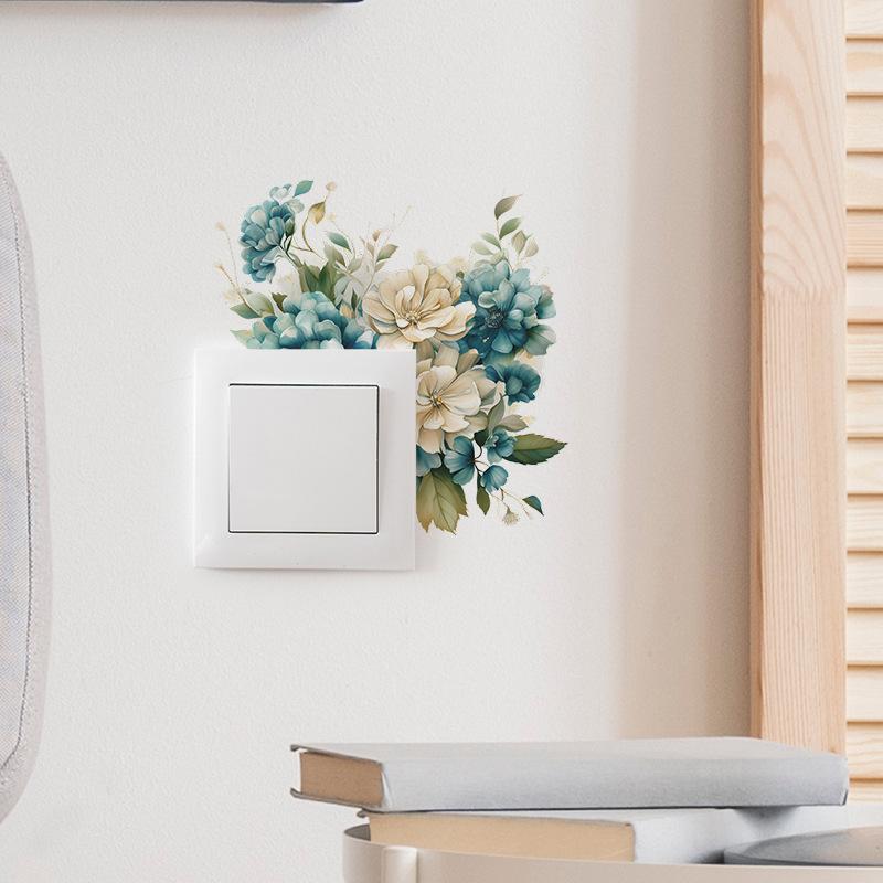 Plantă verde, flori albastre, comutator, pastă, fundal, înfrumusețare, autocolante decorative de perete autoadezive