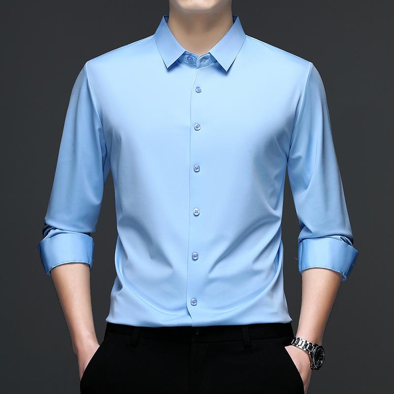 Mens Casual Long Sleeve Seamless Solid Turn Down Collar Regular Fit Shirt