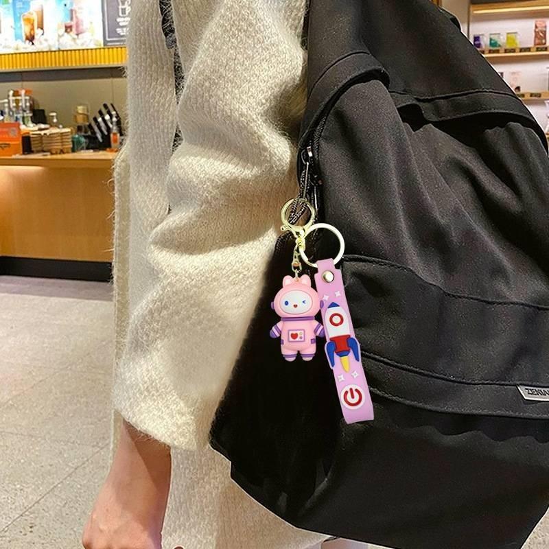 Stylish Cartoon Astronaut Bear Keychain Cute Rubber Key Accessory In Blue For Couples