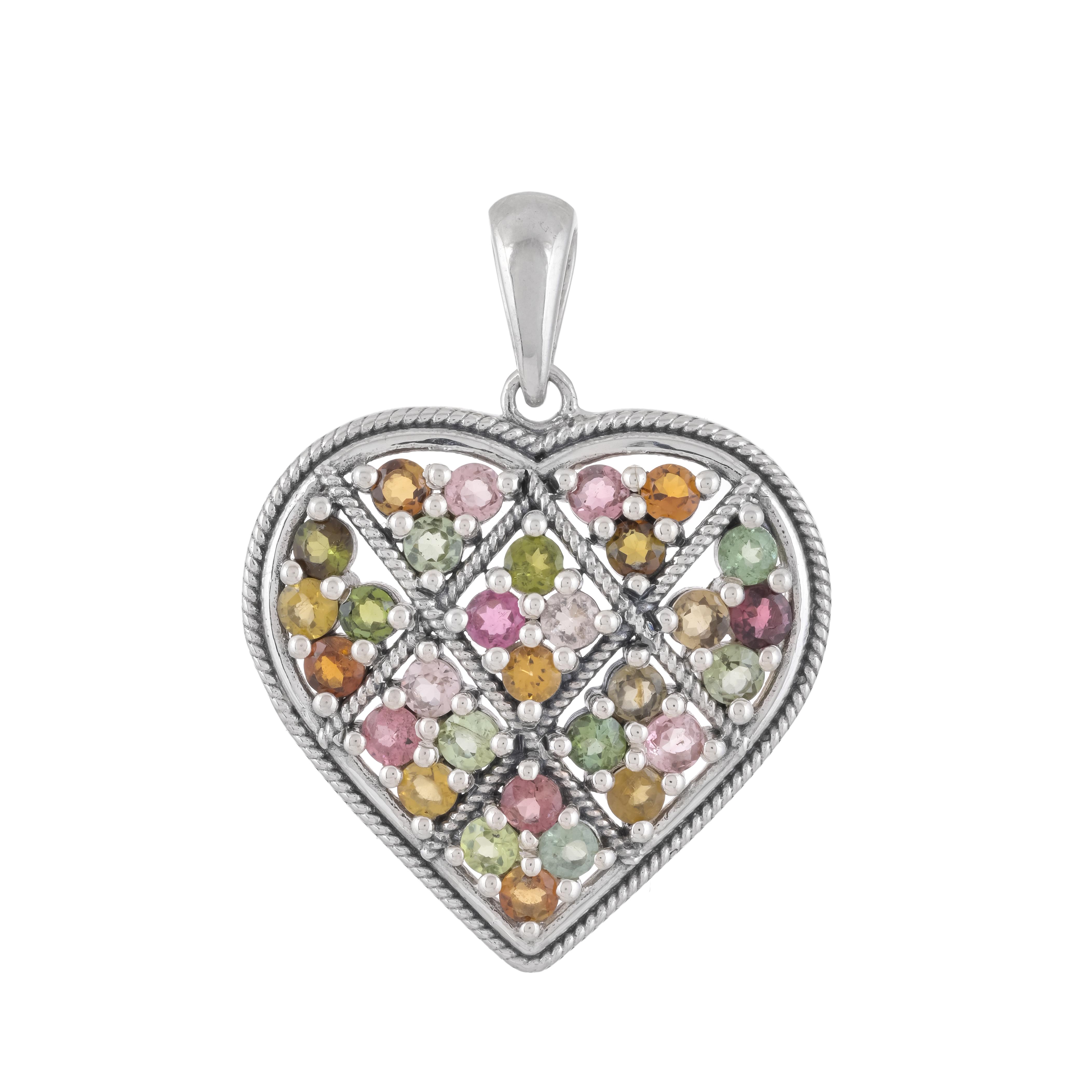 

925 sterling silver multi Tourmaline heart charm pendant for her