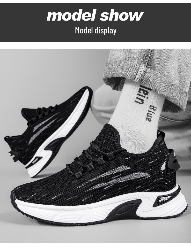 Men's 8CM Hidden Height Flyknit Running Shoes with Thick Platform Sole, Mesh Upper, White.