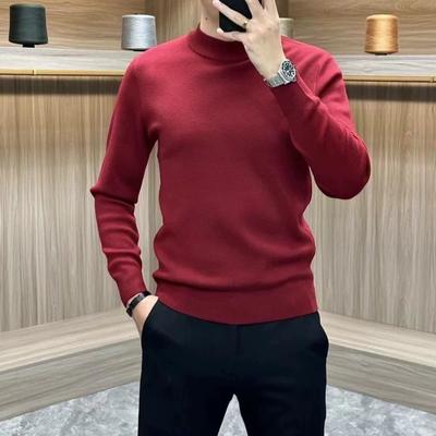 Nieuwe Rode Halfcol Gebreide Wol Heren Slim Pullover Trui Basis Top Herfst Winter