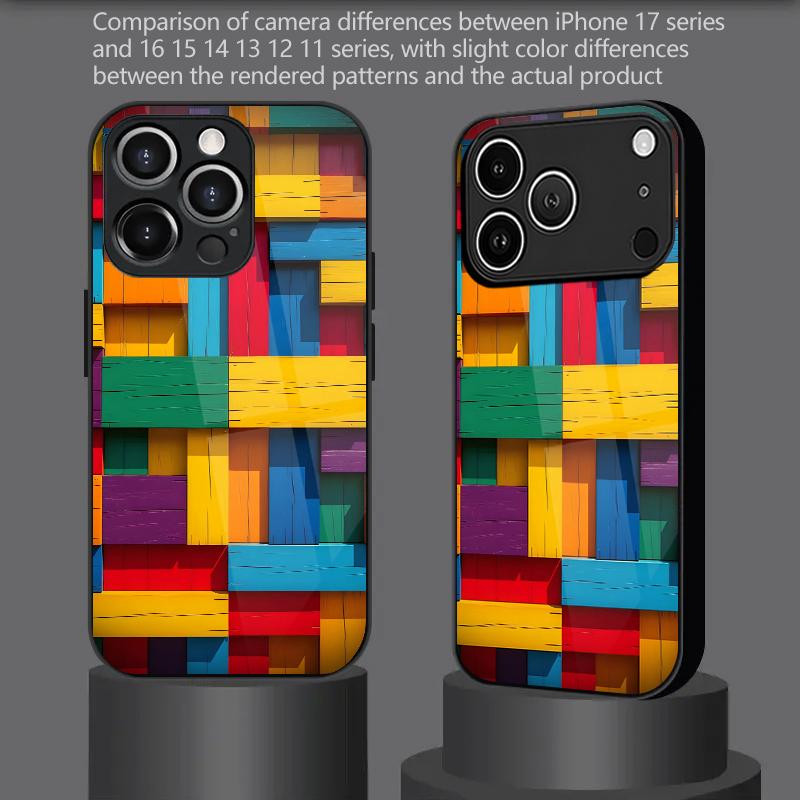 Colorful Wood Block Pattern 2D Phone Case for iPhone 17 16 15 14 13 12 11 X XR XS Max Pro 8 Plus - Glass Protective Cover