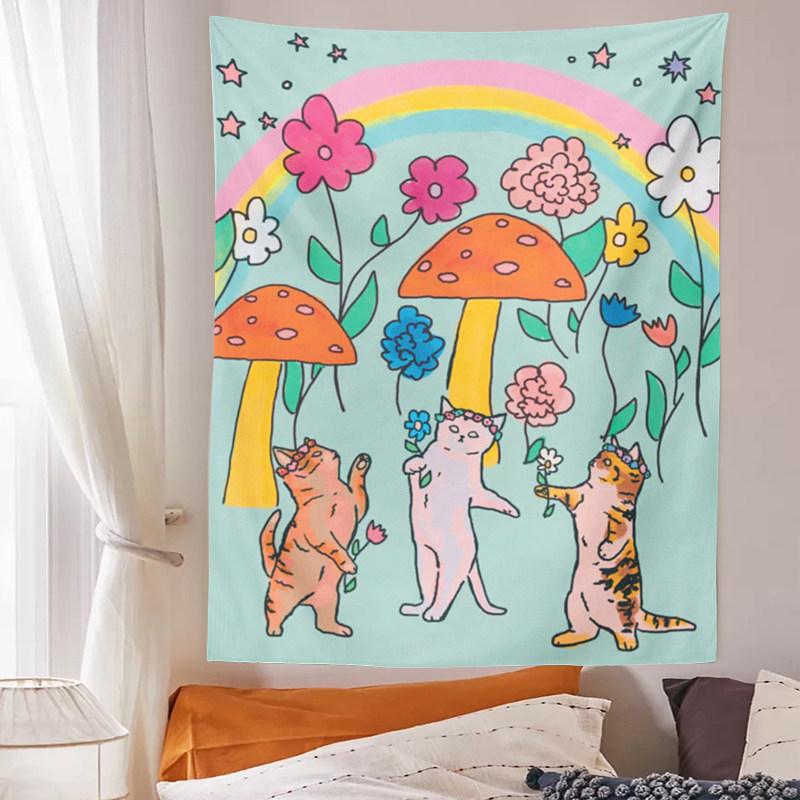 Vintage Bohemian Cat Wall Tapestry for Bedroom Dorm Bedside Decor Hanging Artistic Cat Theme Home Decor