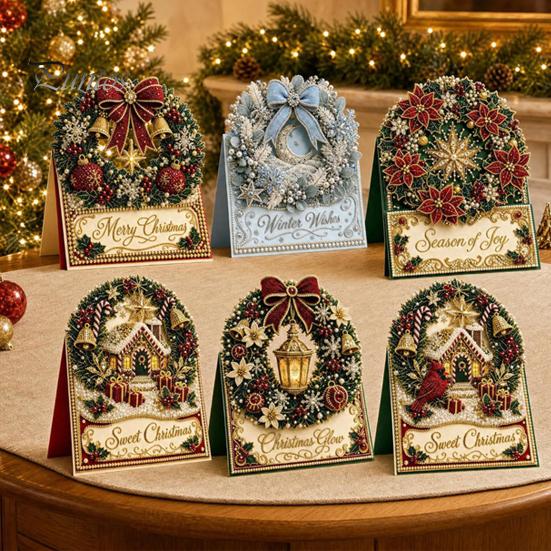 DIY Christmas Card Kit Kit, 3D Pop-Up Faux Pearl Art Snowman Santa Elk Craft Kits Wreath Card, Handmade Xmas for Family And Friends Holiday
