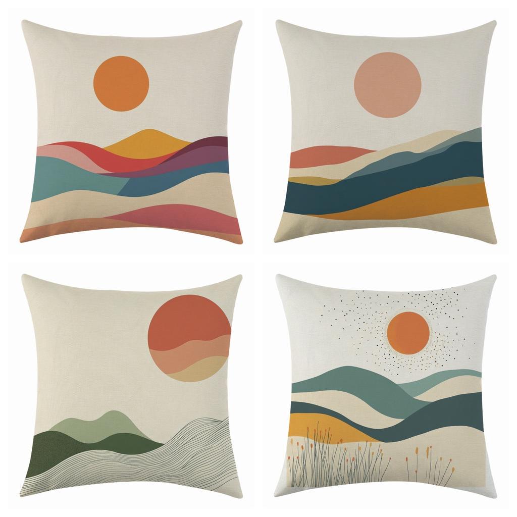 New Oil Painting Sunrise Impression Linen Pillowcase, Simple Four-piece Set with Label