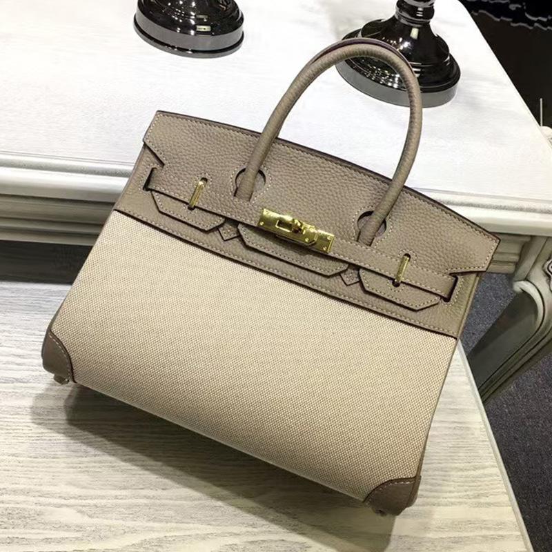 

New lychee pattern cowhide canvas platinum bag women s casual splicing contrasting color bag large capacity portable shoulder messenger bag 25X14X18cm