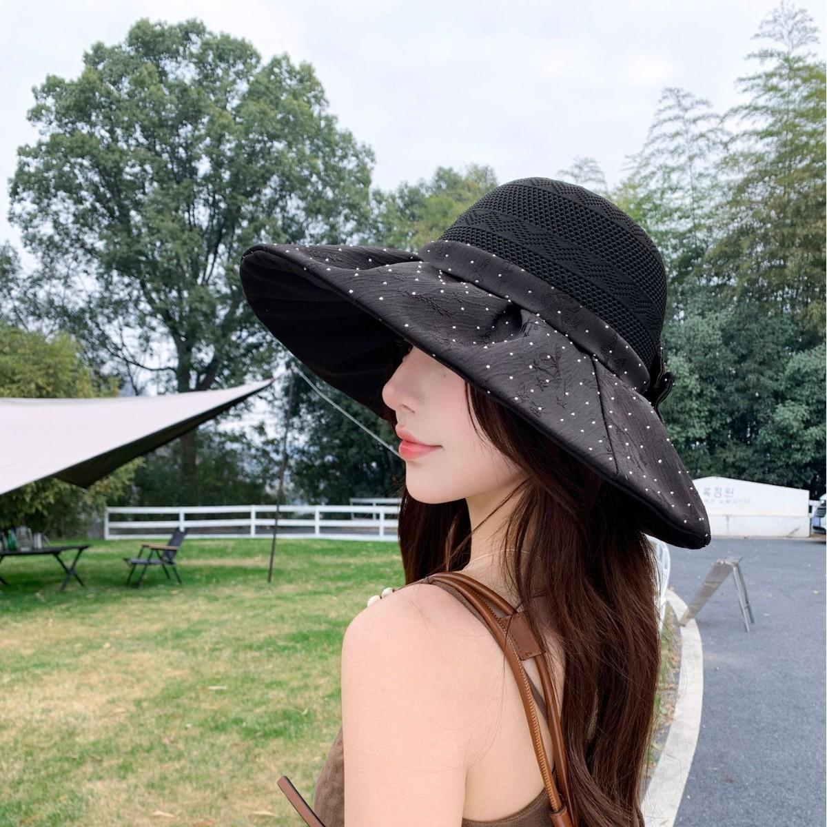 

Fashion Polka Dot Bow Bucket Hat Women S Outdoor Travel Simple Versatile Breathable Sun Hat Adjustable чорний