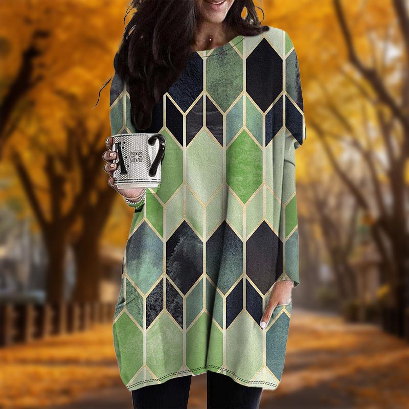 Neu Herbst Edelstein Print Übergröße Kleid Damen O-Ausschnitt Lange Ärmel Lässig Taschen Kleider