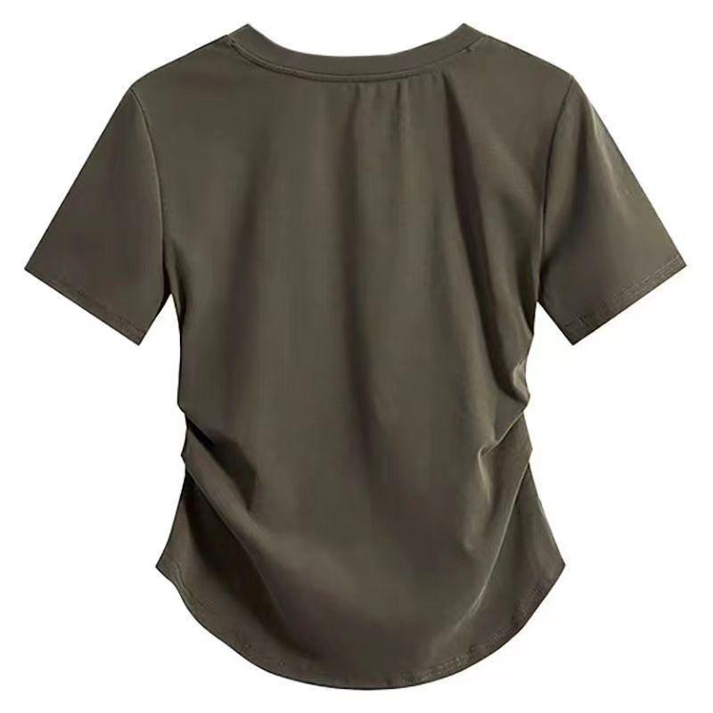 Kurzärmliges T-Shirt aus Fischgrätenbaumwolle mit quadratischem Kragen für Damen, plissiert, unregelmäßiges Design, Schulter