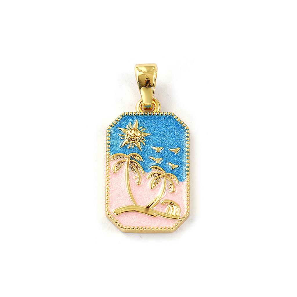 2Pcs Brass Pendants 18K Gold Plated Enamel Octagon Pearlescent Sun Coconut Tree Conch Tulip Pendants Necklace DIY 3cm X 1.4cm