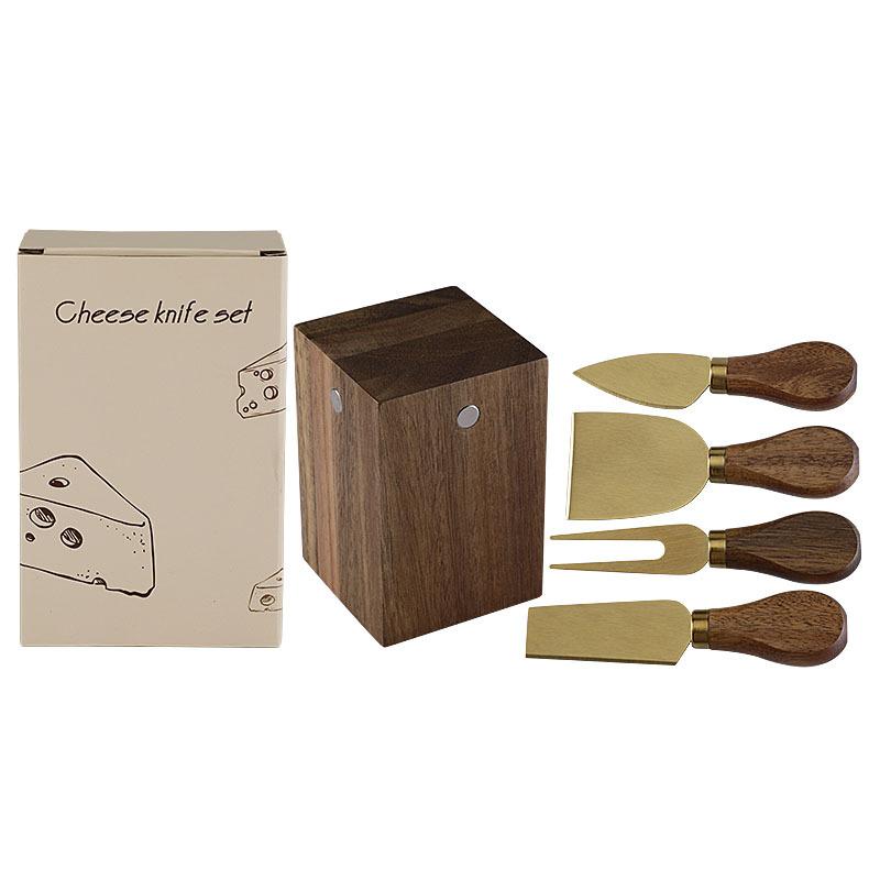 Acacia Wood Magnetic Cheese Knife Rack Stainless Steel Cheese Knife and Fork Set Cheese Knives 5 Piece Set