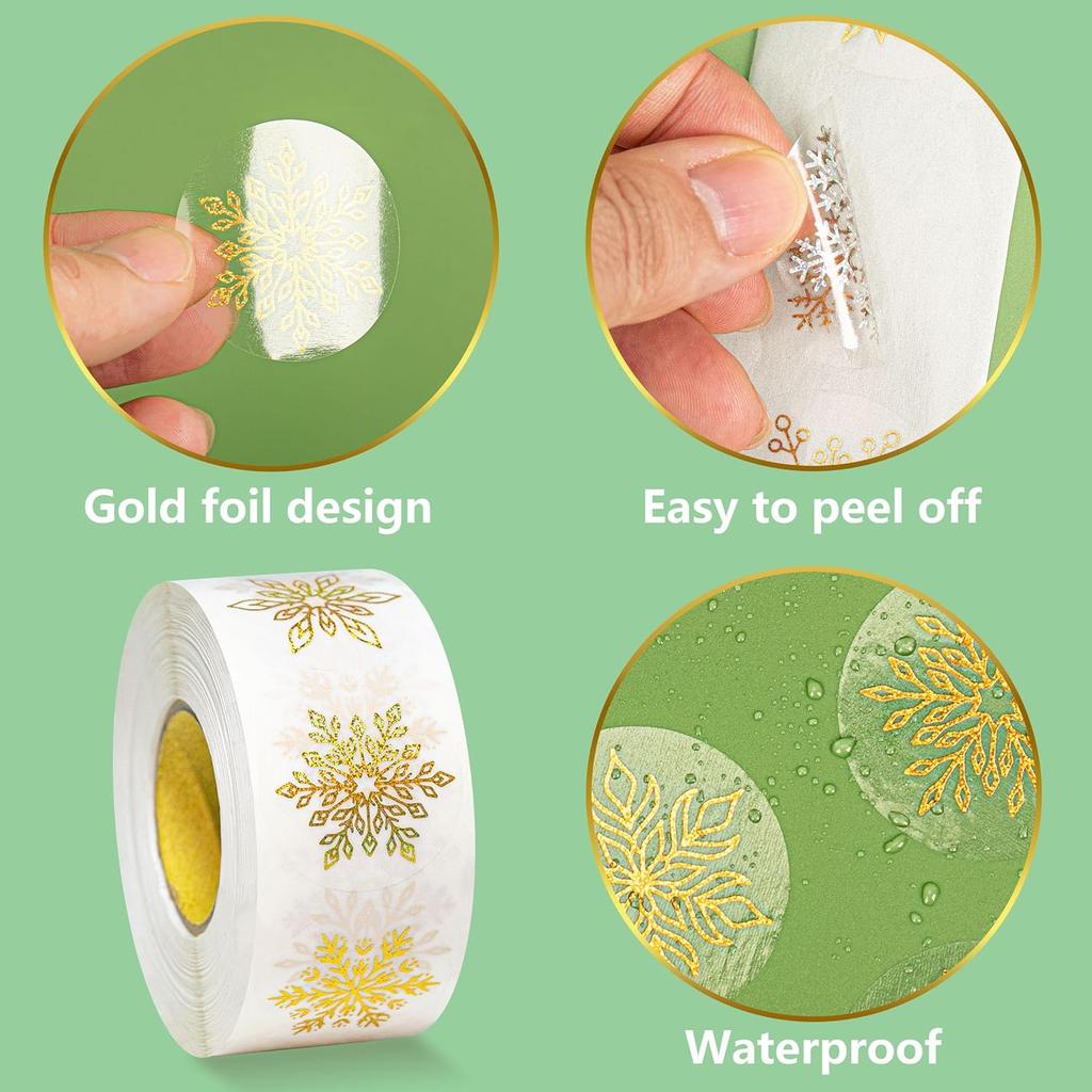 Gold Foil Marry Christmas Stickers Winter Snowflower Xmas Transparent Sealing Label Self Adhesive Presents Cards Logo Tag Paster