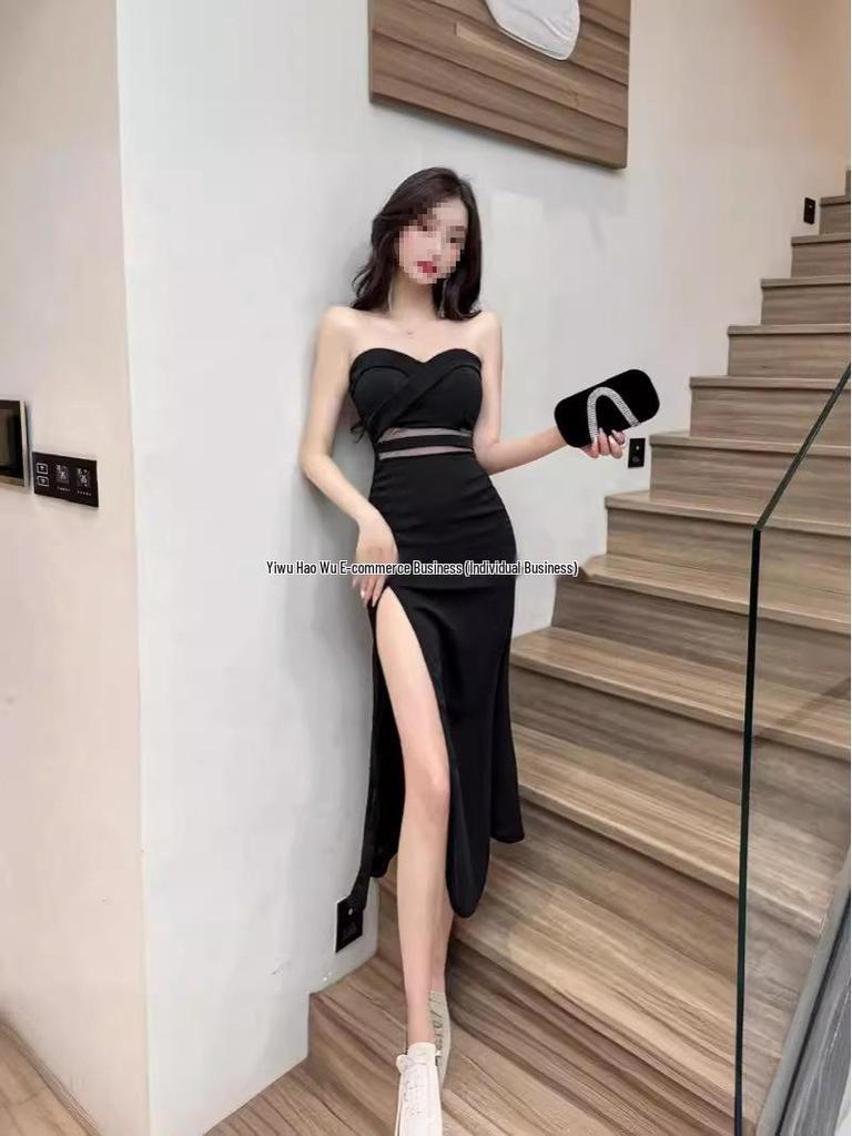 Sexy V-Ausschnitt Trägerloses Arbeits-Abendkleid - Figurschmeichelnder Schlitz Bodycon Langer Rock für Damen