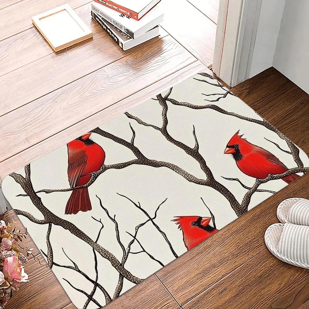 Christmas Red CardinalBird Print Welcome Door Mat Non Slip Bedroom Bathroom Kitchen Doormat Polyester Home Carpet Decor  Doormat