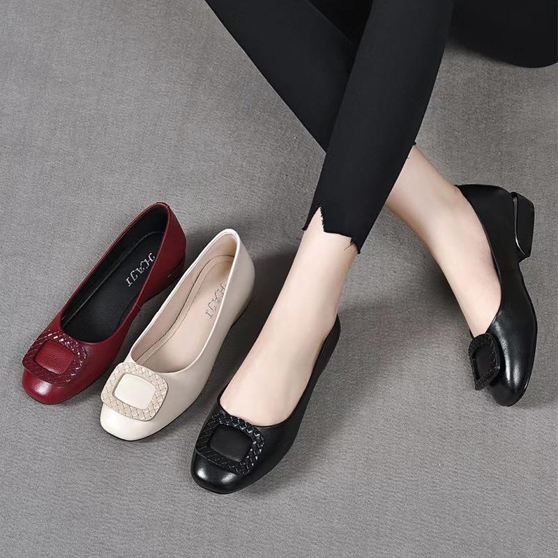Summer Small Leather Shoes Women's Low-heeled Work Women's Shoes New Red Square Head Flats Spring and Autumn Single Shoes