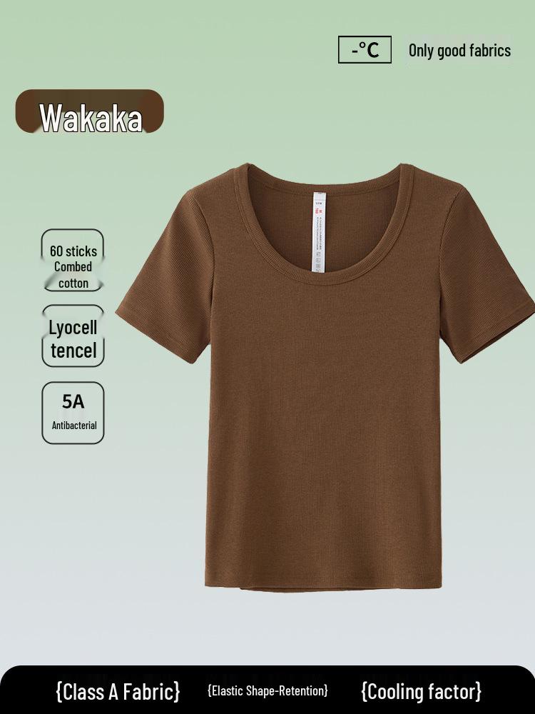 5A Antibakterielles Damen einfarbiges Tencel Baumwoll Ripp Kurzarm Sommer T-Shirt