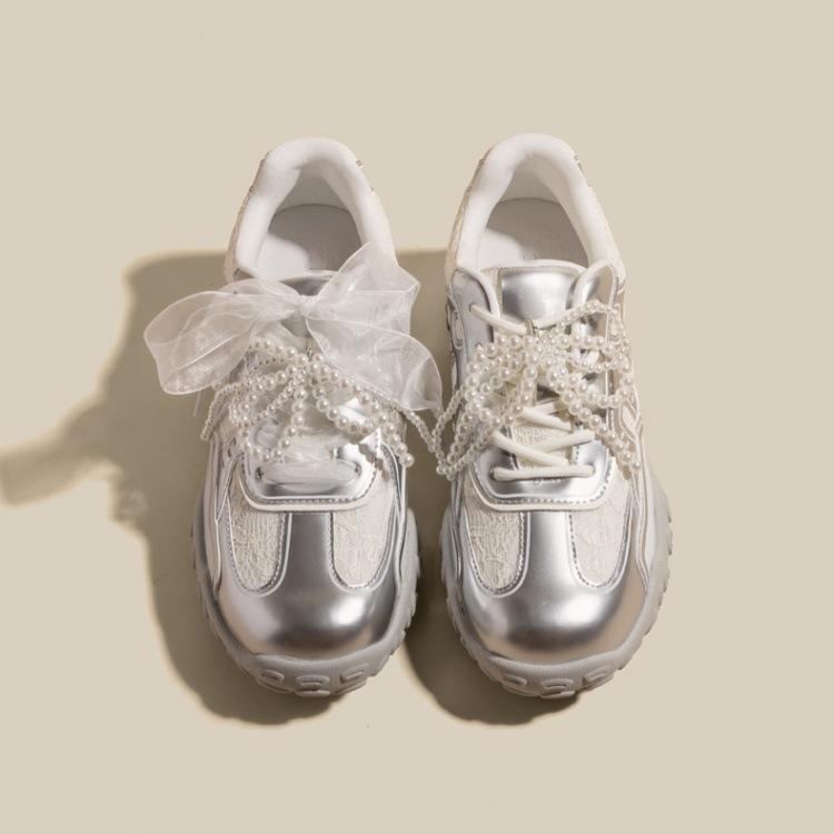 Cowhide version~ 7 cm height increase crescent lace pearl training shoes women's spring casual platform Forrest Gump sports shoes