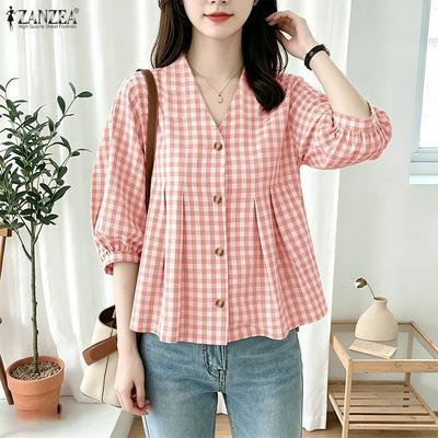 Women Casual V-Neck Grid Print Loose 3/4 Sleeve Blouse