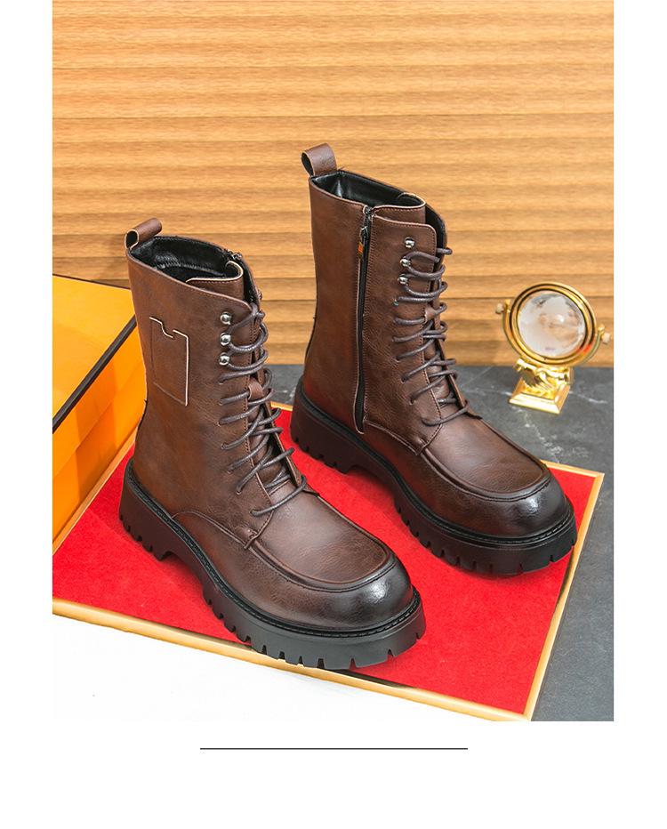 Men's British Style Leather High-Top Martin Boots - Autumn/Winter, Thick Sole, Height-Increasing, Long Lace-Up, Motorcycle Design.