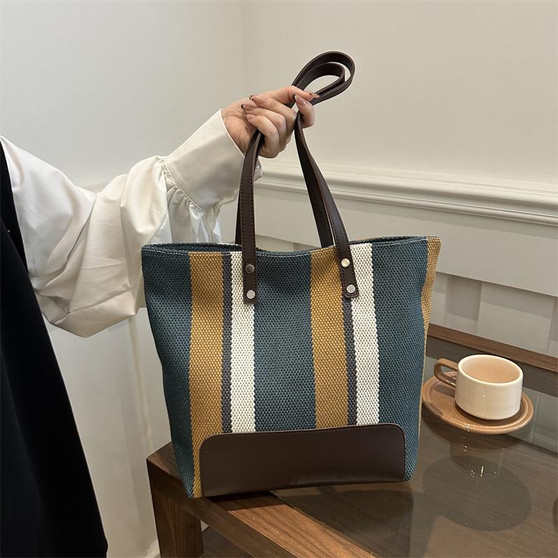 Simple Vertical Stripe Large-capacity Handbag Women's Korean Version New Casual Fashion Niche Versatile Lightweight Shoulder Bag