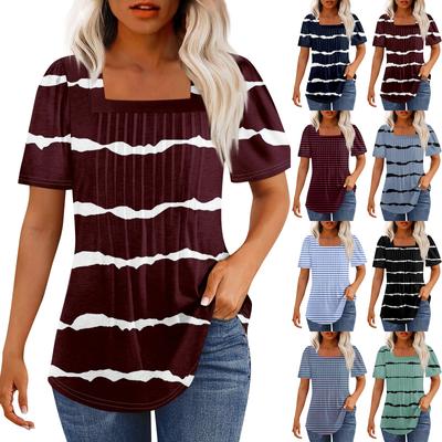 Koszulki dla kobiet plisowane kwadratowe dekolty eleganckie swobodne bluzki nadruk krótki rękaw letnie topy luźny krój