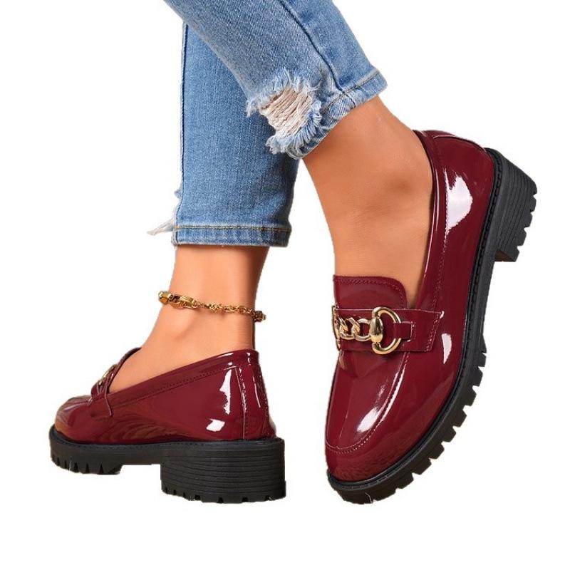 British style small leather shoes spring and autumn new thick heel round head metal buckle platform shoes large size