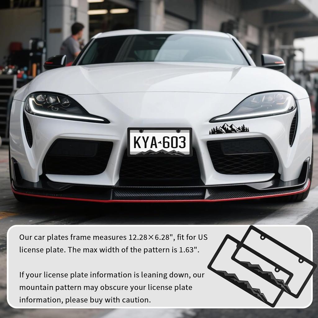 2PCS Car License Plates Frames With Raised Mountain Pattern & Mountain Car Decal,Stylish Cars Plates Frame With Screws & Caps,Decorative Cars
