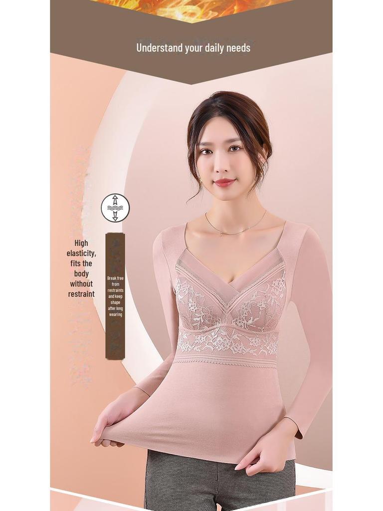 Women's Velvet Lace Seamless Long-Sleeve Top with Built-In Chest Pad