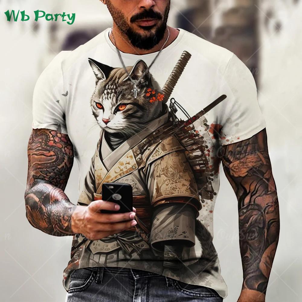 Summer Round Neck Funny Animal Samurai Cat Pattern 3D Print Top Fashionable Casual Short Sleeved Men's T-shirts