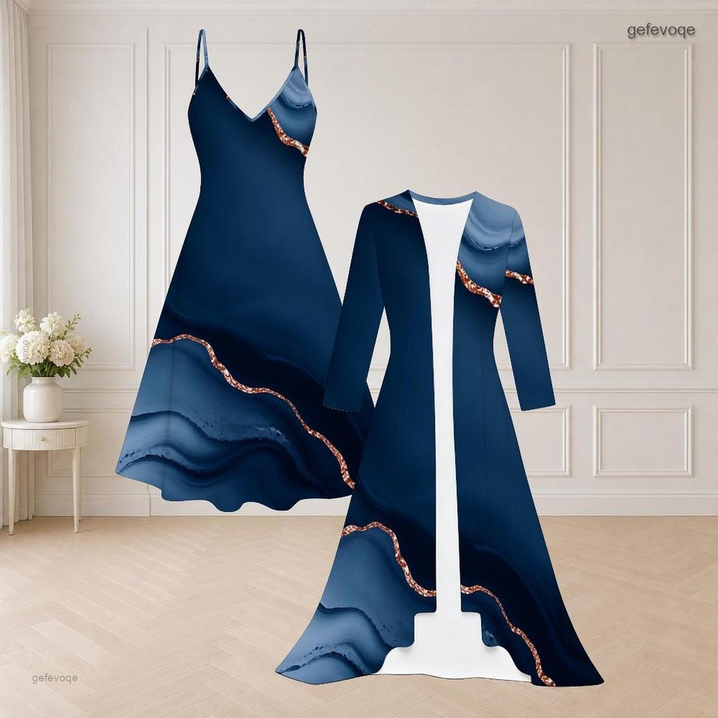 Women Plus Size Two Piece Outfit Spaghetti Strap V Neck Flared Dress Long Sleeve Open Front Blue Gold Printed Cardigan