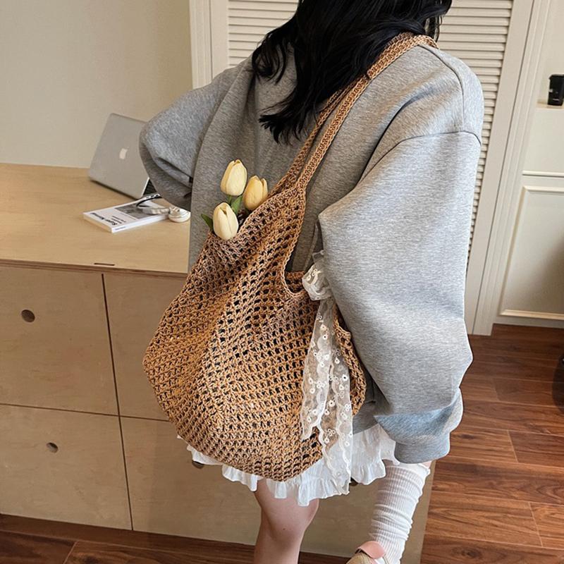 Yogodlns Women Crochet Tote Bag Fashion Knitted Large Capacity Woven Shoulder Bags Solid Color Simple Shopping Bag for Summer Beach