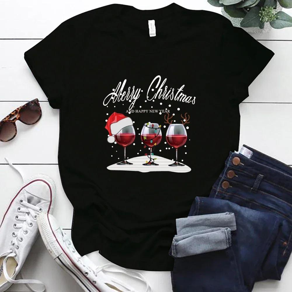 Wine Glasses Christmas T Shirt Women's Fashion Funny Merry Christmas T Shirt Cute Women Graphic T-shirt Clothing