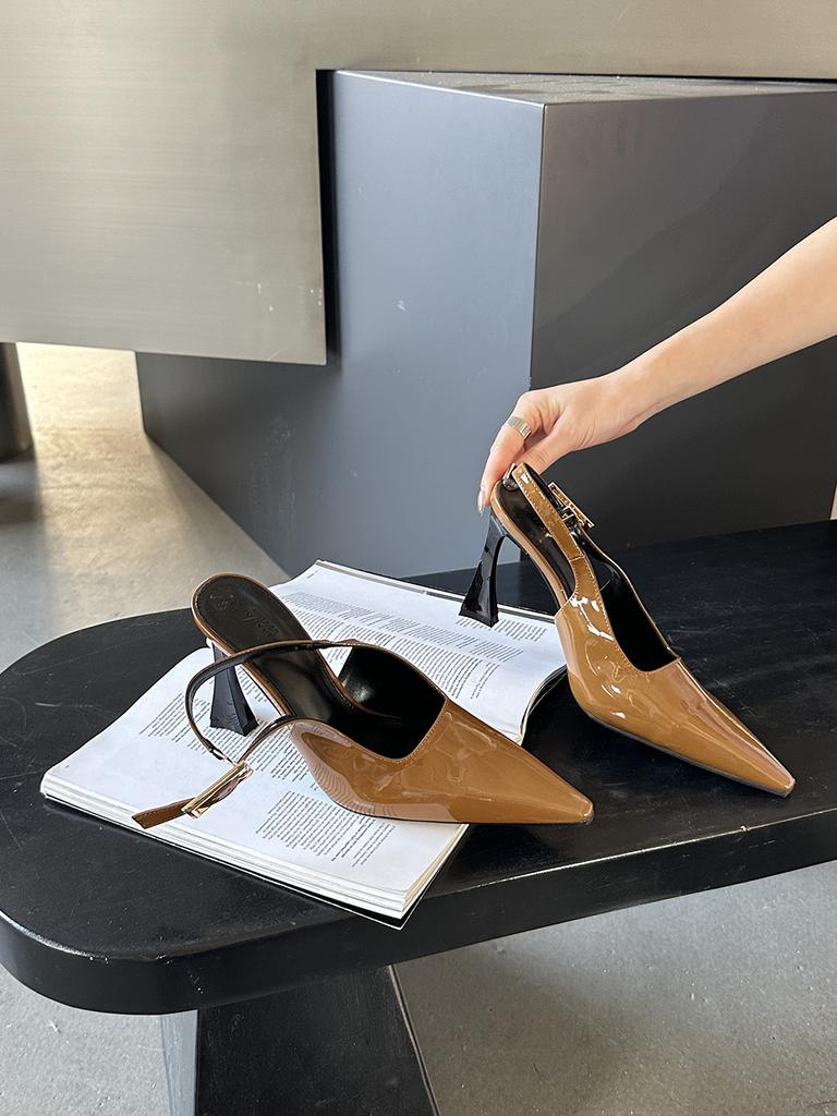 fashion Pointed Toe Women Sandals Patent Leather Summer Dress Shoes Thin High Heels 2024 New Arrivals Belt Buckle Sandals Mules 35-39