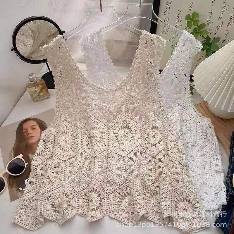 Summer Spice Girl Design Sense Crochet Hollow Suspender Women's Knitted Vest Vest Outside Sleeveless Blouse Top