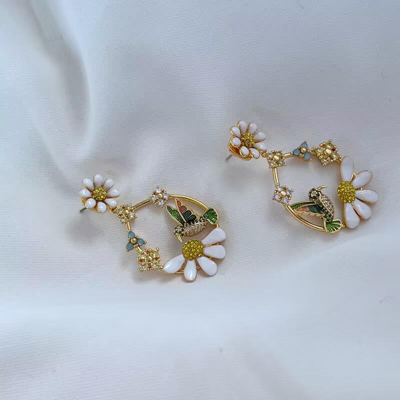 

Hummingbird & Daisy Enamel Wreath Earrings with Diamond Accents