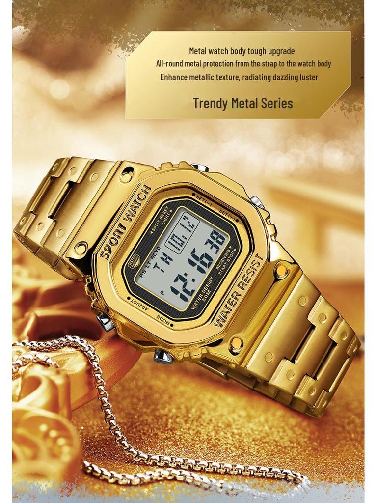 Sanda Men's Square Waterproof Electronic Watch with Fashionable Light and Alarm Clock.