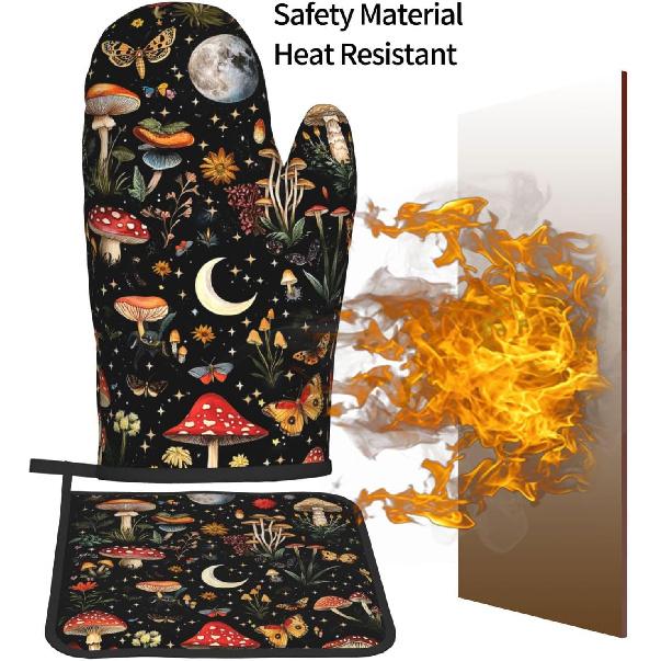 Cute Black Mushroom Fairy Tale Oven Mitts and Pot Holders Sets of 3, Heat Resistant Black Hot Pads Witchy Oven Gloves for Cooking Grilling Baking