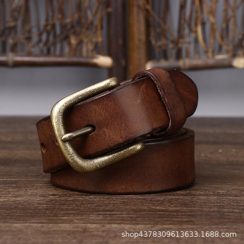3.3CM Washed Retro Distressed Thickened Pure Cowhide Belt, Men's Genuine Leather Needle Buckle Trendy Versatile Denim Belt
