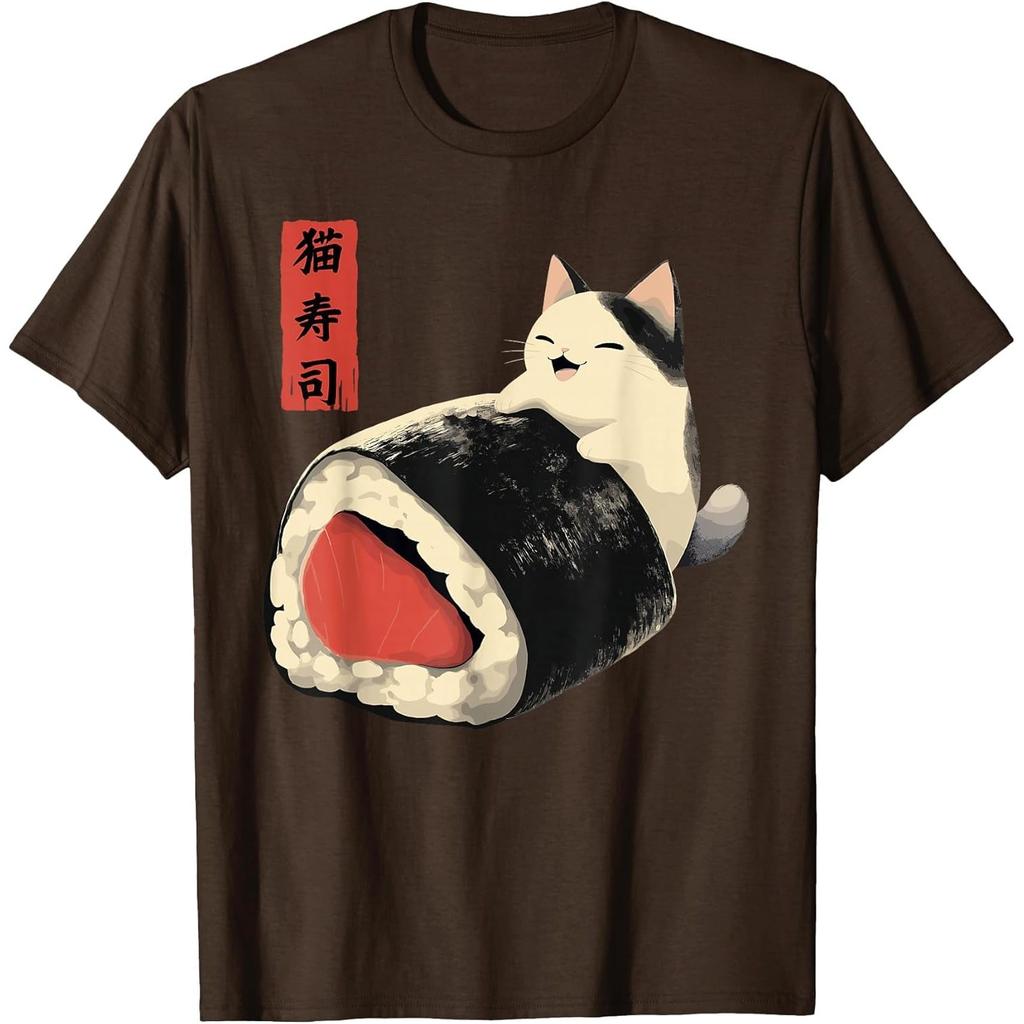 Kawaii Sushi Cat Graphic Tee Japanese Anime Style Funny Gift Round Neck T-Shirt for Men