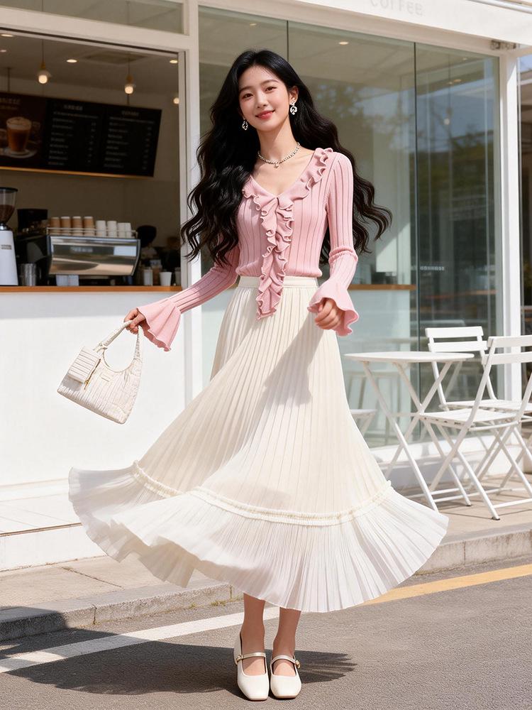 Gonna Lunga in Garza Rosa Dolce Fei Yuan: Moda Primaverile da Donna, Versatile Colore Unico Pieghettato Drappeggio.