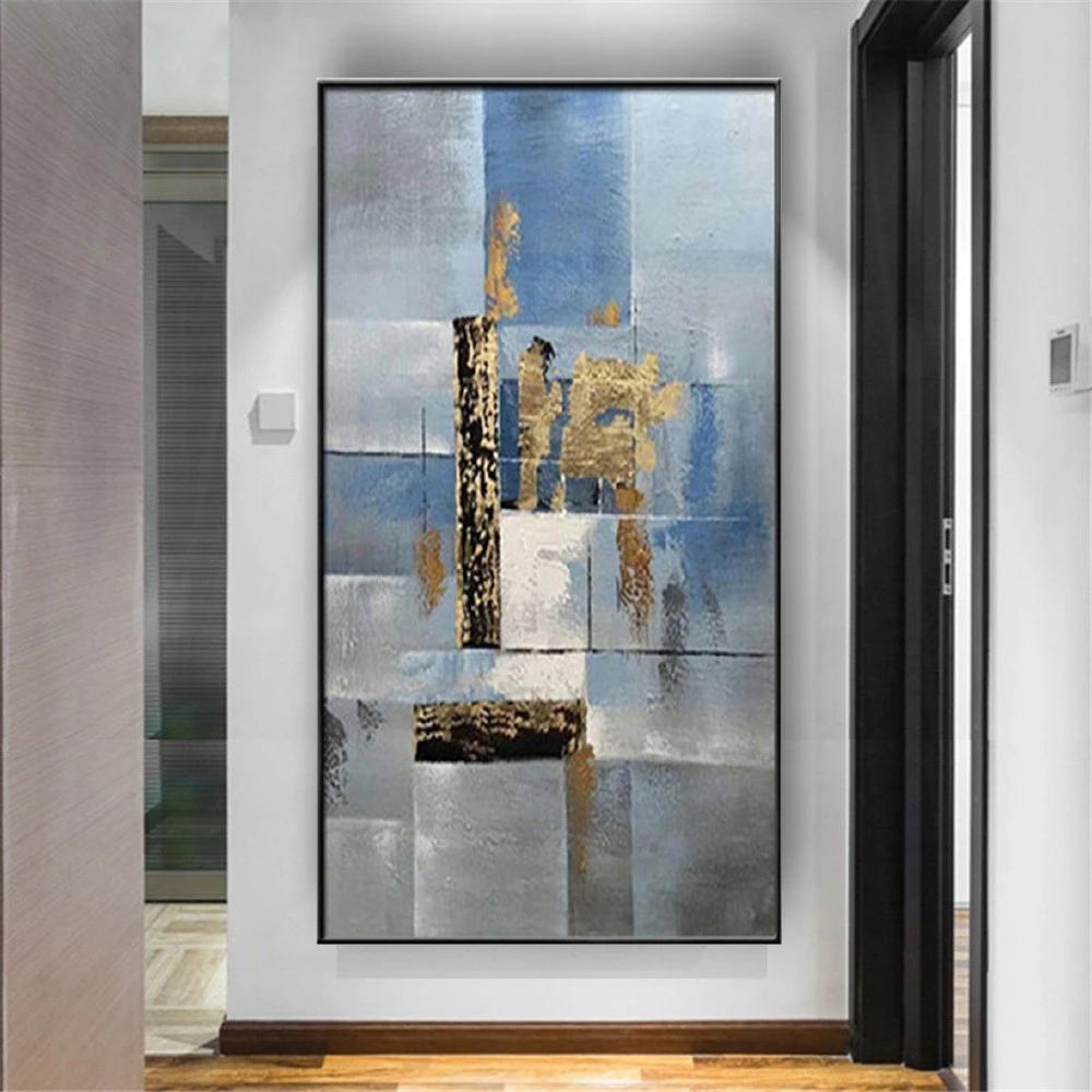 Best Art Handmade Wall Art Pictures Gold Blue Gray Yellow Texture Abstract Oil Painting On Canvas Wall Paintings Decor Home S