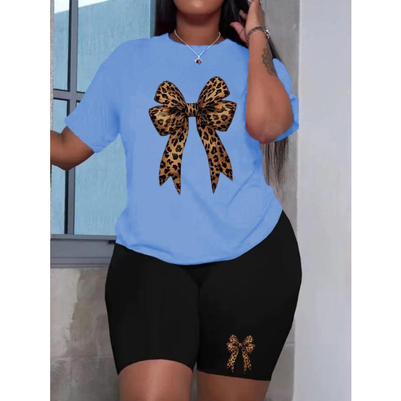 Plus size women's summer leopard print bow print premium comfortable T-shirt two-piece set