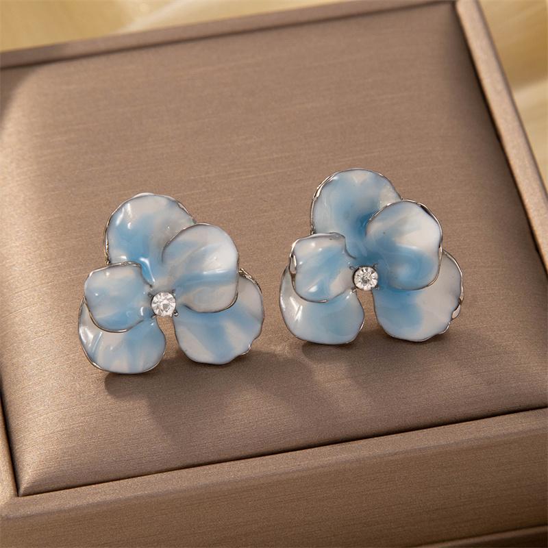 Red Blue Enamel Flower Stud Earrings for Women Korean Five Petals Crystal Flowered Lovely Cute Girls Ear Decoration