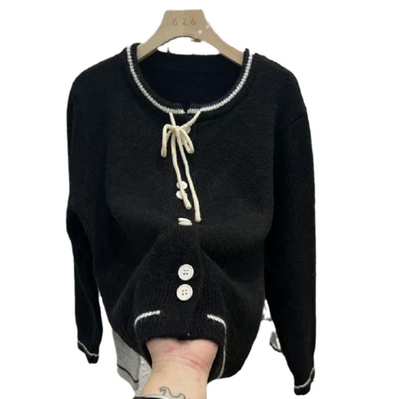 French sweet bow lace-up knitted cardigan small fragrant style early autumn small sweater jacket contrasting color college style