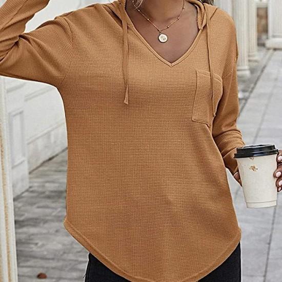 Independent Station New Women's V-Neck Long Sleeve Hoodie Waffle Sweater Women's